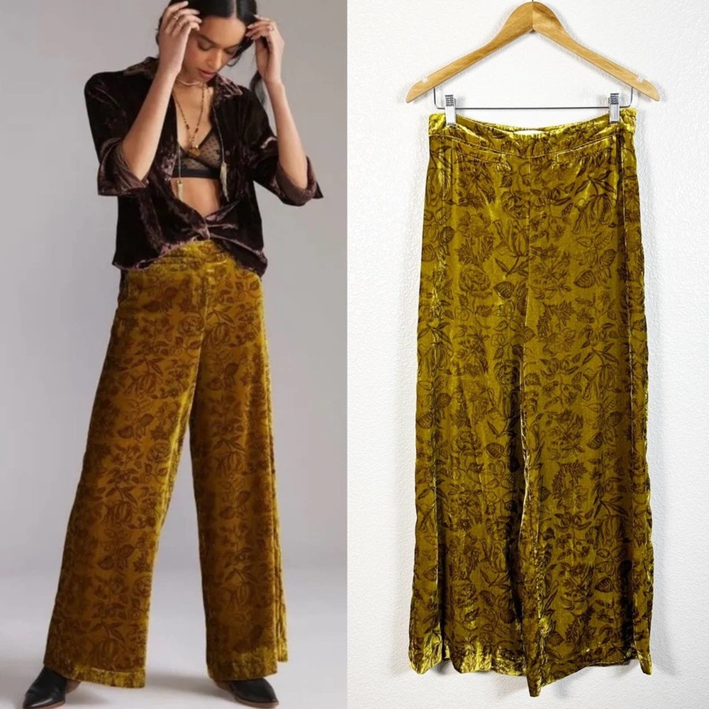 Anthropologie Womens Velvet Wide Leg Trouser Pants in Gold Floral Print Size 8